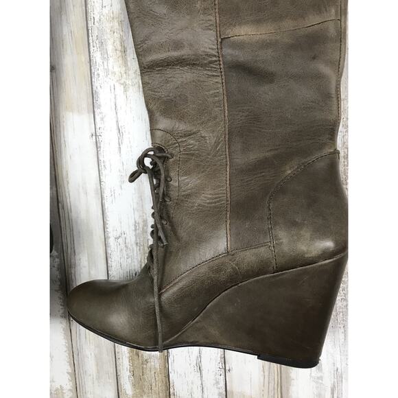 Steve Madden LUXE Taupe Light Brown Tall Leather Lacer Up Pull On Wedge Boots 9 - Picture 7 of 12